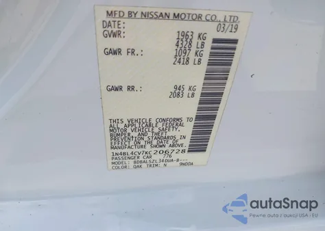 2019 Nissan Altima 2.5 Sr from USA, damaged, VIN 1N4BL4CV7KC206728